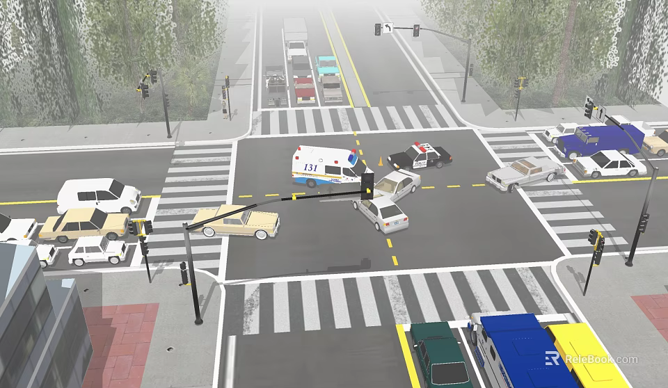 Municipal Road Intersection With Traffic Lights Zebra Crossings Vehicles And Trees 3d model 