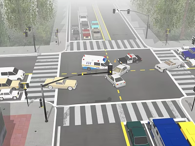 Municipal Road Intersection With Traffic Lights Zebra Crossings Vehicles And Trees 3d model
