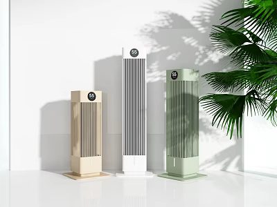 Modern Air Cooler Fans in Beige White Green Colors With Palm Plant and Vertical Design 3d model