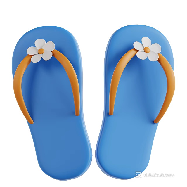 Blue flip flops with orange straps and white flowers on top 3d model 