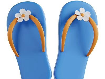 Blue flip flops with orange straps and white flowers on top 3d model