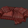 Brown Leather Double Sofa With Tufted Design Light Green Beige Pillows And Gray Throw Blanket