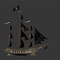 Pirate Ship Model With Black Sails Jolly Roger Flag And Wooden Structure