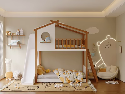 Kids Room With House Shaped Bunk Bed Slide Stuffed Animals Rug And Cloud Decorations 3d model