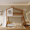 Kids Room With House Shaped Bunk Bed Slide Stuffed Animals Rug And Cloud Decorations