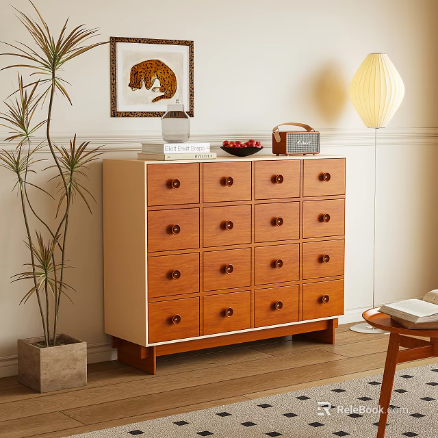 Wooden Chest of Drawers with Brown Beige Finish Multiple Drawers Potted Plant and Table Lamp 3d model 