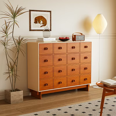 Wooden Chest of Drawers with Brown Beige Finish Multiple Drawers Potted Plant and Table Lamp 3d model