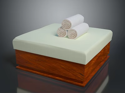 Wooden Storage Box With Light Green Mat And Three Rolled White Towels 3d model