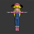 3D Cartoon Character Model With Straw Hat Blonde Hair Blue Overalls And Pink Boots