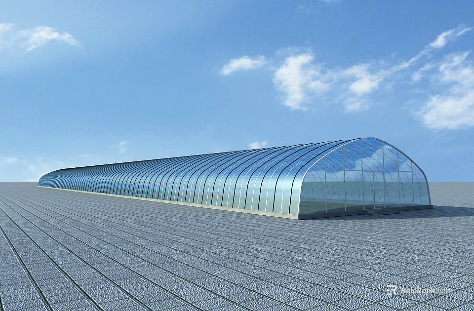 Modern Industrial Factory Building With Glass Arched Roof And Spacious Ground Under Clear Blue Sky 3d model 