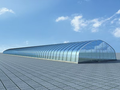 Modern Industrial Factory Building With Glass Arched Roof And Spacious Ground Under Clear Blue Sky 3d model