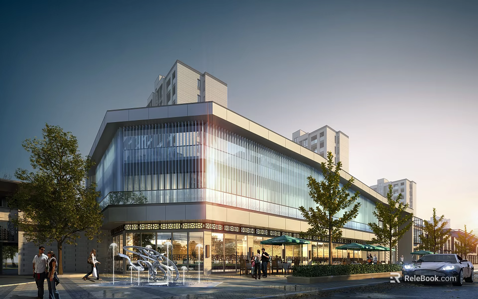 Modern Sales Office Building With Glass Curtain Wall And Tree Surrounded Outdoor Space 3d model 