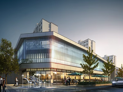 Modern Sales Office Building With Glass Curtain Wall And Tree Surrounded Outdoor Space 3d model
