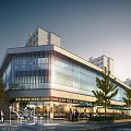 Modern Sales Office Building With Glass Curtain Wall And Tree Surrounded Outdoor Space