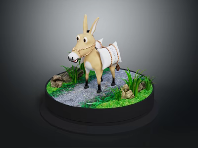 3D Donkey Model With White Saddle Standing On Circular Base With Green Grass And Stones 3d model