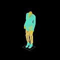 Mannequin wearing grey coat white pants black shoes on black base against dark background