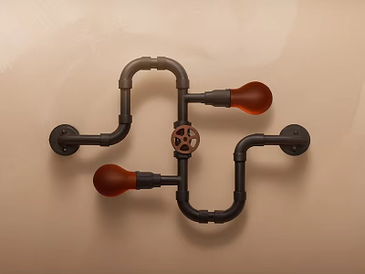 Industrial Style Wall Lamp With Black Pipe Structure And Brown Decorative Bulbs 3d model