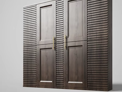 Elegant Dark Wooden Wardrobe With Vertical Slat Design And Metal Handles For Home Storage 3d model
