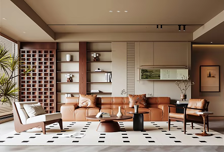 Modern Middle Ancient Style Living Room Sofa Background Wall Sofa Coffee Table Combination Decorative Painting 3d model