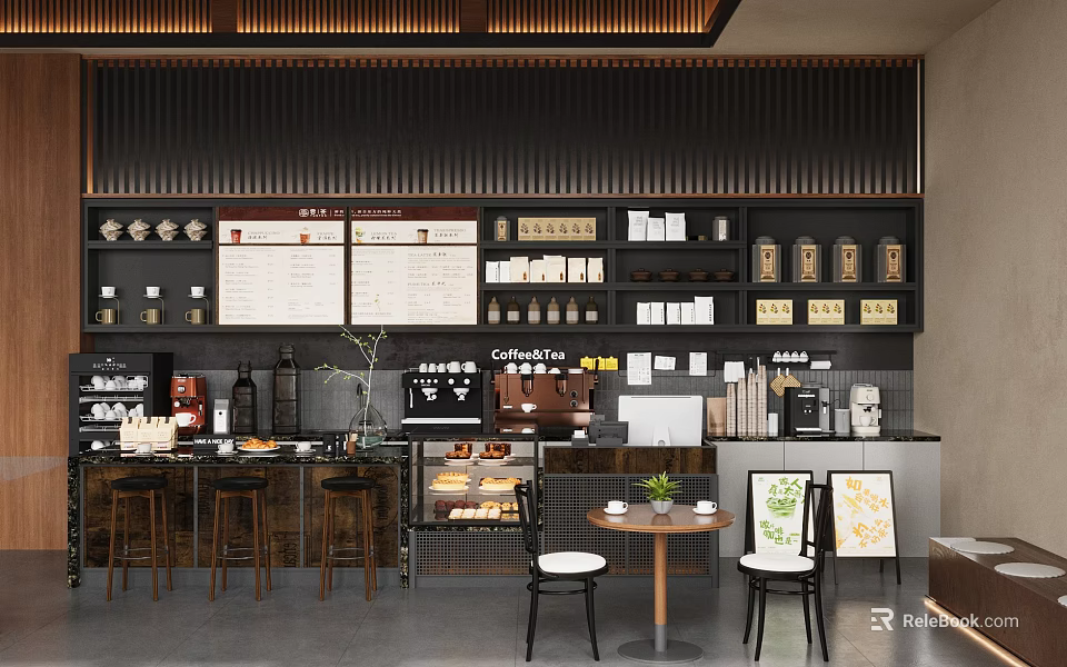 Modern Café Interior With Bar Counter Coffee Machines Menu Boards Display Shelves And Seating Area 3d model 