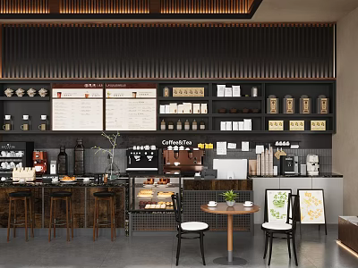 Modern Café Interior With Bar Counter Coffee Machines Menu Boards Display Shelves And Seating Area 3d model