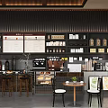 Modern Café Interior With Bar Counter Coffee Machines Menu Boards Display Shelves And Seating Area