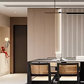 Modern Restaurant Interior With Black Marble Dining Table Dark Chairs Wooden Striped Wall And Pendant Lights