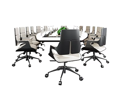 Modern Conference Table In Office Space With Black And White Chairs And Green Plant 3d model