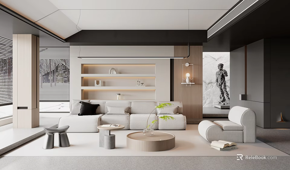 Modern Living Room Interior With White Sofa Wooden Shelves Round Coffee Table And Green Plant 3d model 