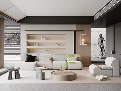 Modern Living Room Interior With White Sofa Wooden Shelves Round Coffee Table And Green Plant 3d model