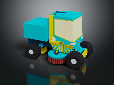 3D Modeled Blue And Yellow Street Sweeper Truck With Front Rotating Brush 3d model