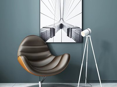 Brown Leather Accent Chair With Curved Design Metal Base Gray Wall Art And Floor Lamp 3d model