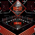 Esports Competition Stage Design With Red Black Lighting And Arena Seats