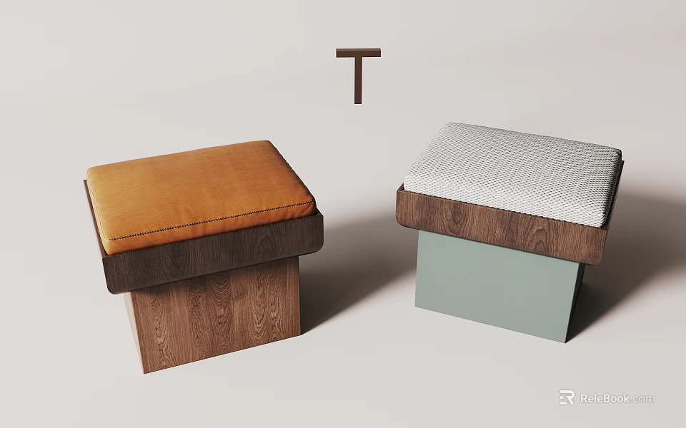 Two Modern Stools With Brown Leather Gray Checkered Cushions Wooden Structure Light Green Base 3d model 