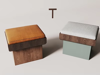 Two Modern Stools With Brown Leather Gray Checkered Cushions Wooden Structure Light Green Base 3d model