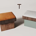 Two Modern Stools With Brown Leather Gray Checkered Cushions Wooden Structure Light Green Base