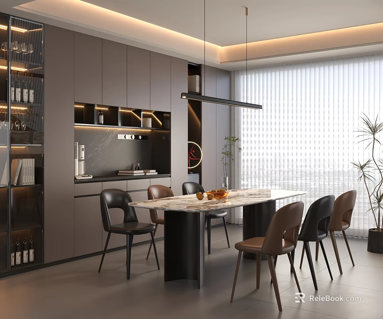 Modern Restaurant Interior Design With Marble Dining Table Chairs Hanging Pendant Light And Cabinets 3d model 