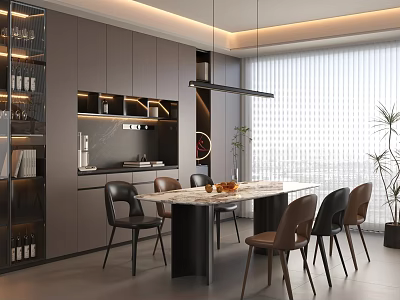 Modern Restaurant Interior Design With Marble Dining Table Chairs Hanging Pendant Light And Cabinets 3d model
