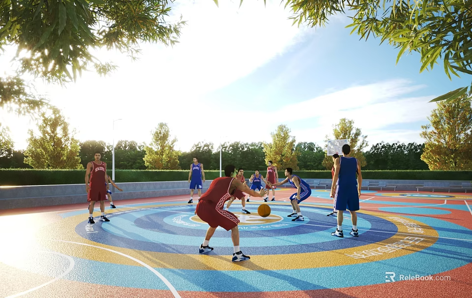 Outdoor Basketball Court Where Players Play On Colorful Surfaces With Greenery 3d model 