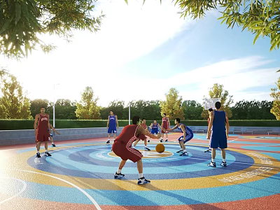 Outdoor Basketball Court Where Players Play On Colorful Surfaces With Greenery 3d model