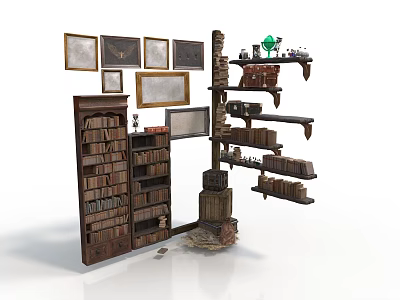 Vintage Wooden Bookshelves And Display Shelves With Picture Frames And Decorative Items 3d model