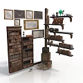 Vintage Wooden Bookshelves And Display Shelves With Picture Frames And Decorative Items