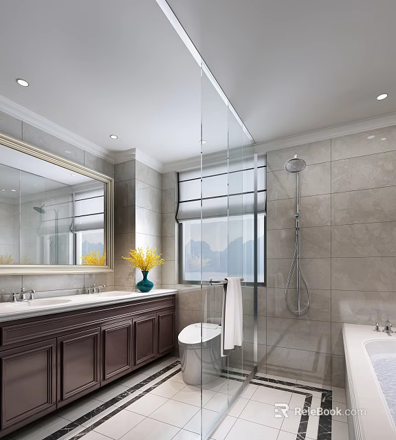 Luxury Modern Bright Bathroom Interior With Double Sink Vanity Glass Shower And Marble Tiled Walls 3d model 