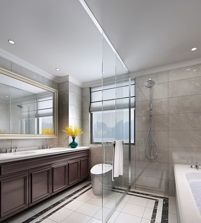 Luxury Modern Bright Bathroom Interior With Double Sink Vanity Glass Shower And Marble Tiled Walls 3d model