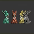 Colorful Rabbit Figurines in Green Red Yellow and Gray on Reflective Surface