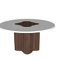 Round Marble Top Dining Table With Inlaid Design And Wooden Legs