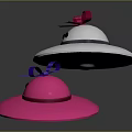 Two UFO Shaped Objects With Pink Purple Bow Ties Black Dots Eyes Suspending Black Background