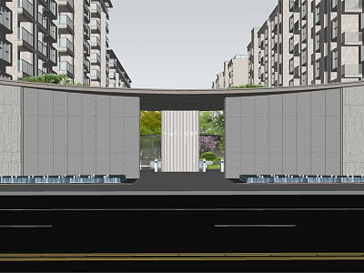 Residential Entrance Gate With Archway Water Features And Greenery Between High Rise Buildings 3d model