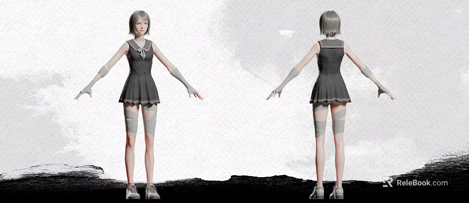 3D Character and Creature Model Design With Short Hair Dark Dress Long Gloves and Bandaged Legs 3d model 