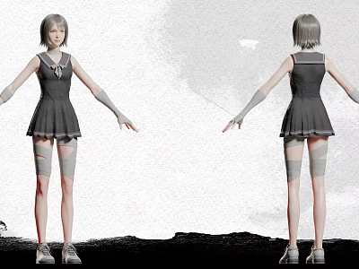 3D Character and Creature Model Design With Short Hair Dark Dress Long Gloves and Bandaged Legs 3d model